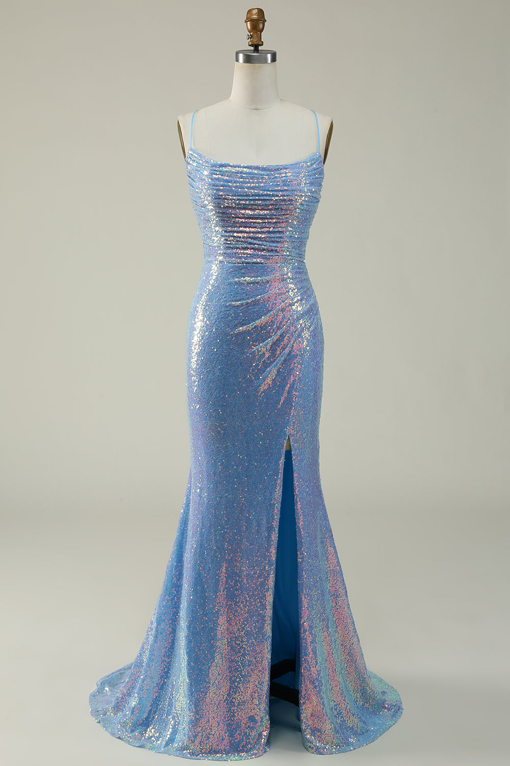 Luolandi Blue Sequined Spaghetti Straps Mermaid Prom Dress Sparkly Evening Dress